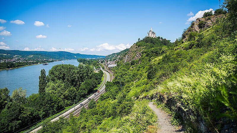  Along the Rhine, there is a hiking trail, and the view of the Rhine in the back.