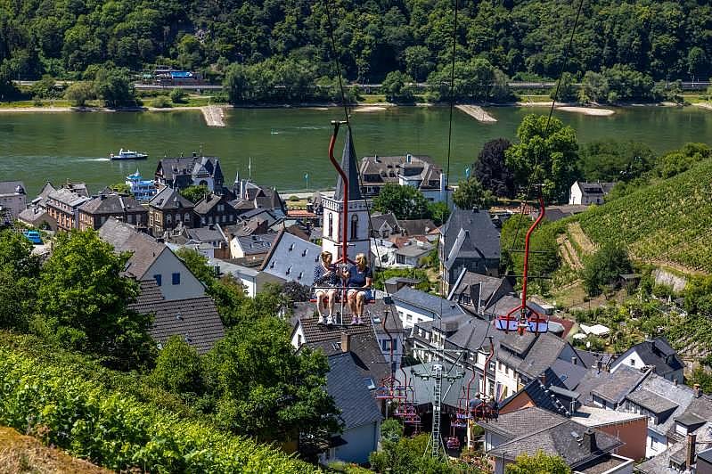 Zwei Frauen schweben in einer Gondel über einer Stadt und genießen die Aussicht.