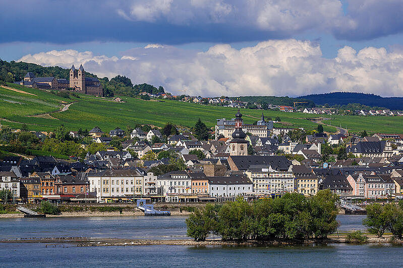 Blick auf eine Stadt am Rhein mit Hügeln und einem Kloster im Hintergrund.