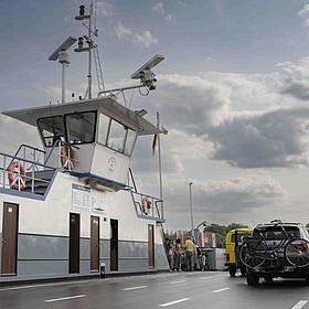 萊茵河渡輪「Maul」的車輛甲板，上面停放著幾輛車