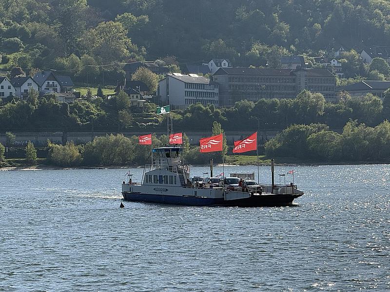 Auf dem Rhein setzt ein Schiff über, das Wasser glitzert und im Hintergrund ist das andere Ufer zu sehen.